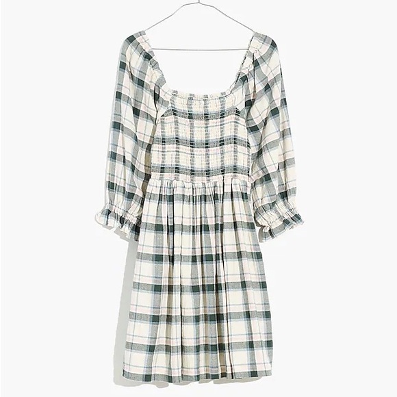 | madewell • lucie elbow sleeve smocked plaid mini dress • medium | - Picture 2 of 5